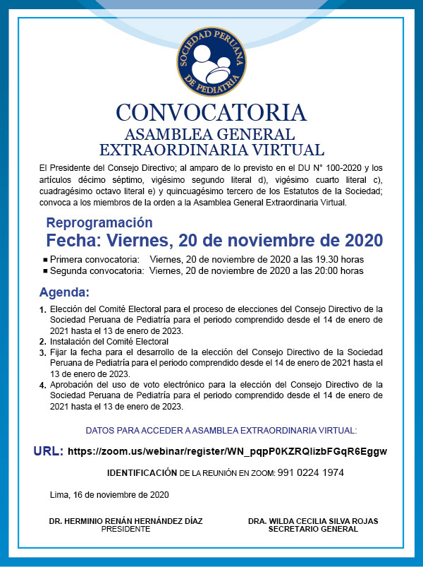 Convocatoria a Asamblea General Extraordinaria Virtual - 20 de noviembre -  SOCIEDAD PERUANA DE PEDIATRÍA